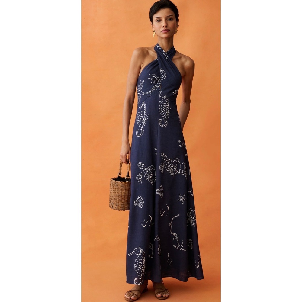Few Moda Anaya Navy Nautical Seahorse Sea Turtle Print V-Neck Maxi Dress